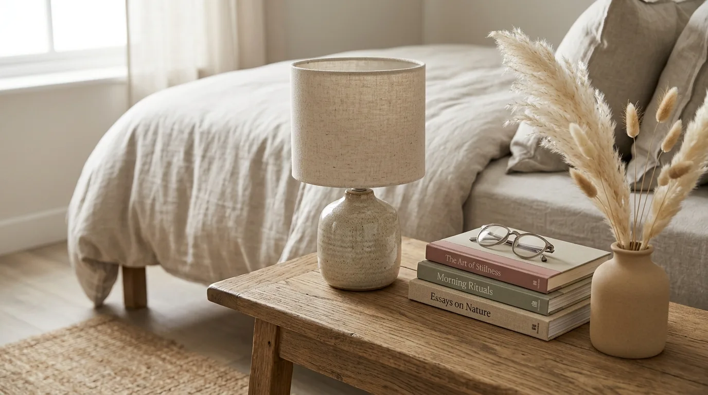 Style the bedside with simple ceramics inspiration for a neutral bedroom.